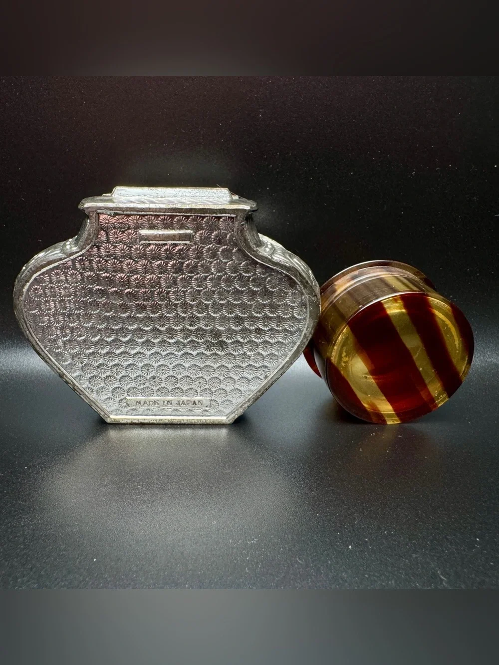 Vintage Japan Silver Trinket Box Red Velvet + Faux Tortoise Powder Jar